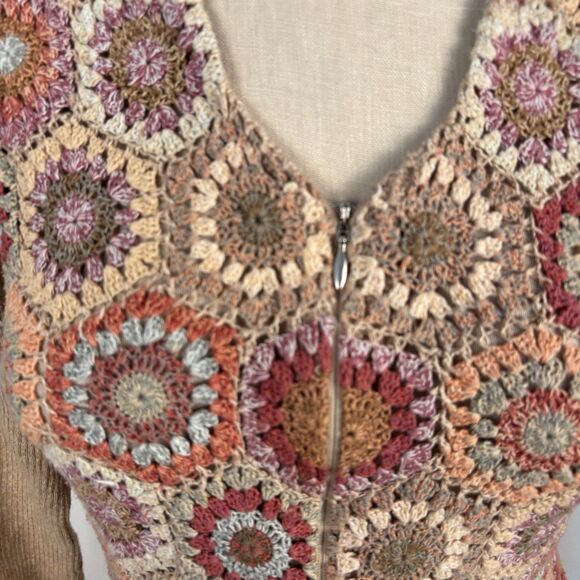 Vintage Talbots Womens LP Crochet Granny Square Cardigan Zip Front V-Neck Cotton - Picture 5 of 9